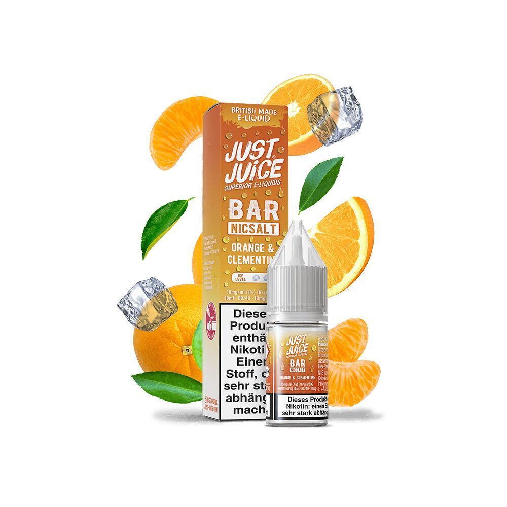 Liquid Orange & Clementine 10mg - Just Juice Just Juice Nikotinsalz Orange & Clementine Flasche und Verpackung mit Orangen- und Clementinenscheiben im Hintergrund.