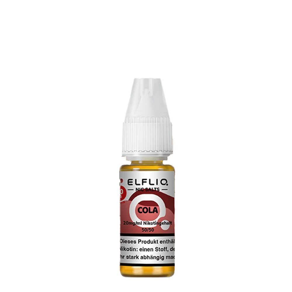 Elfliq Nikotinsalz - Cola 20mg Elfliq Nikotinsalz-Fläschchen mit Cola-Geschmack, 20mg Nikotingehalt, abgebildet mit Etikett und weißem Verschluss.