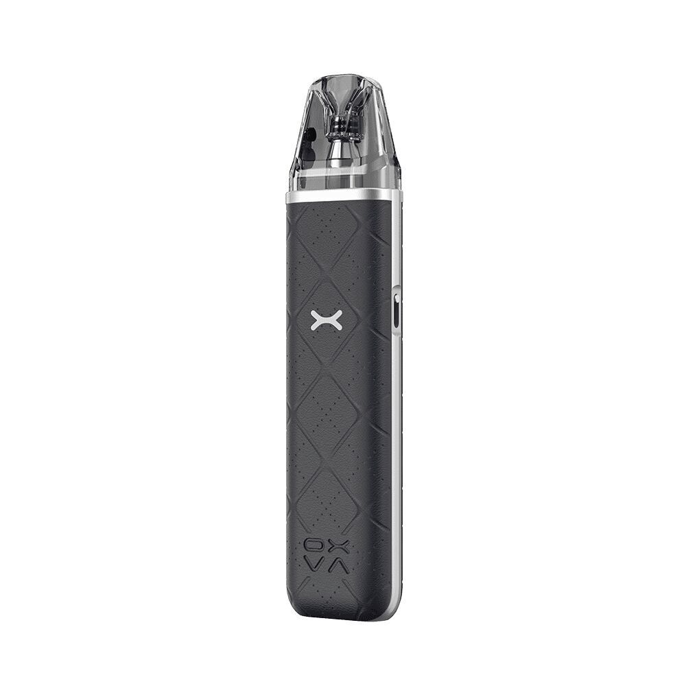 Oxva Xlim Go Pod Kit - Dark Grey Oxva Xlim Go Pod Kit in Dunkelgrau mit strukturierter Oberfläche, transparentem Mundstück und seitlichem Knopf.