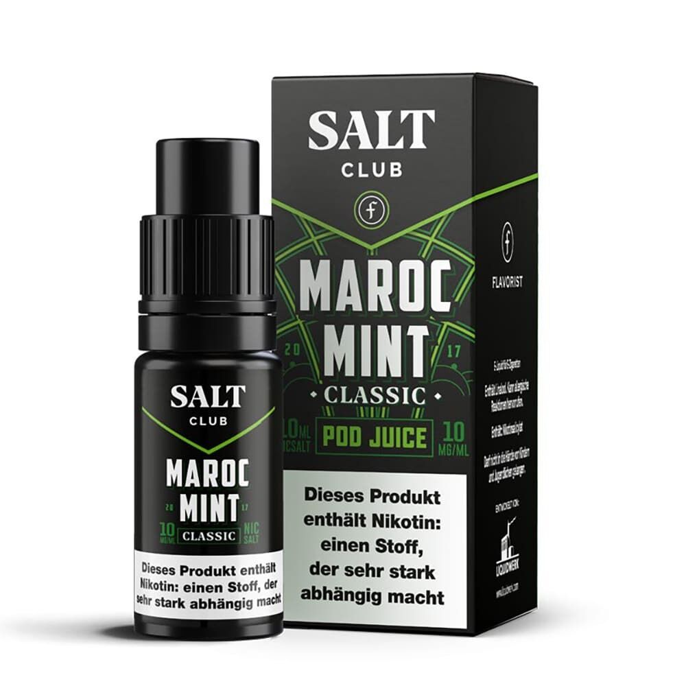 Liquid Maroc Mint Classic von Flavorist Salt Club Flavorist Salt Club Nikotinsalz - Maroc Mint Classic 10mg Pod Juice Flasche und Verpackung, enthält Nikotin und Warnhinweis.
