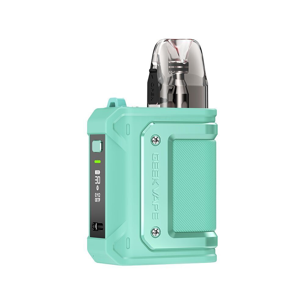 Geekvape Aegis HQ Pod Kit in der Farbe Cyan Geekvape Aegis HQ Pod Kit in Cyan mit robustem Gehäuse, eingebautem Display und sichtbarem Tankteil.