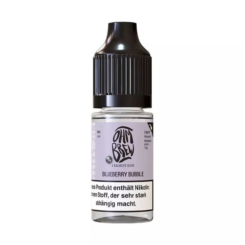 Liquid Blueberry Bubble von Ohm Brew Ohm Brew Nikotinsalz Blueberry Bubble Flasche mit schwarzem Verschluss und lila Etikett, enthält Nikotin, Warnhinweis sichtbar.