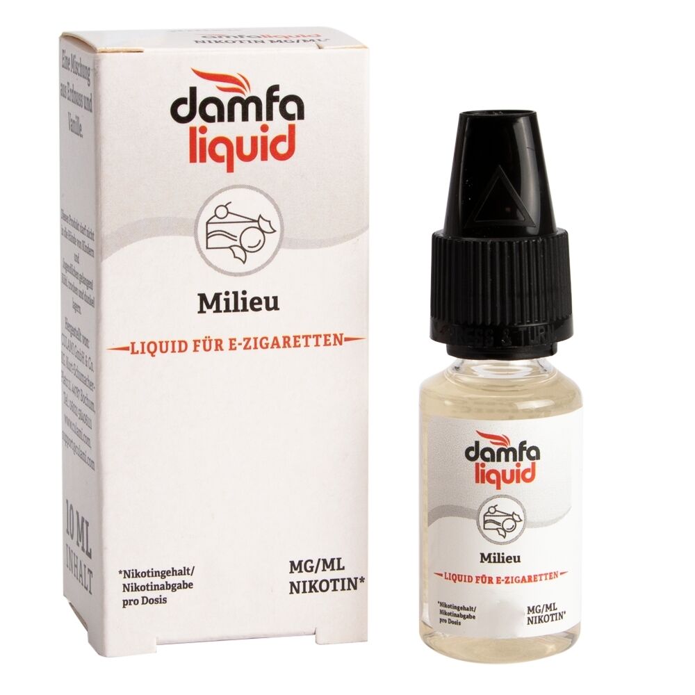 Liquid Milieu 12mg - Damfaliquid E-Flüssigkeit Damfaliquid Milieu 3mg für E-Zigaretten mit Flasche und Verpackung, sichtbare Aufschrift zum Nikotingehalt und Inhalt.
