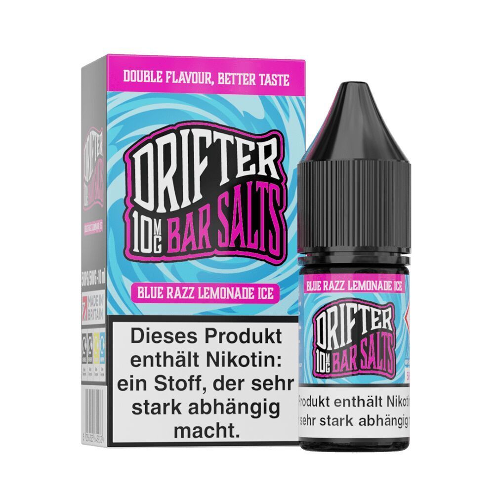 Liquid Blue Razz Lemonade Ice von Drifter Drifter Nikotinsalz Blue Razz Lemonade Ice Flasche und Verpackung mit Warnhinweis „Dieses Produkt enthält Nikotin, ein Stoff, der sehr stark abhängig macht“