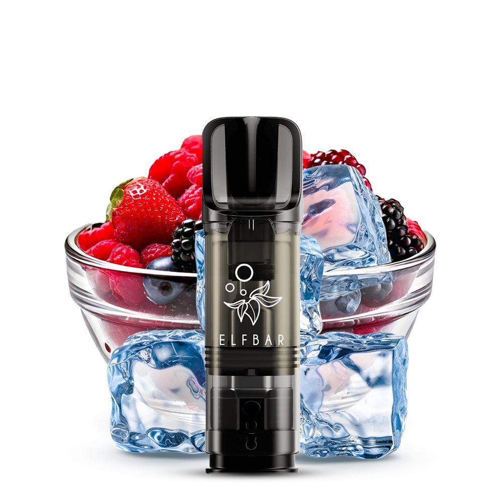 Elf Bar ELFA Pods - 20mg Nikotinsalz Frozen Berries Elfbar ELFA Pods in Schwarz, präsentiert vor einer Schale mit gefrorenen Beeren und Eiswürfeln