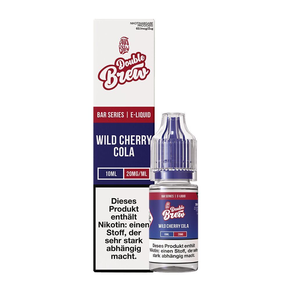 E-Liquid Double Brew Wild Cherry Cola 20mg mit Nikotin, 10ml Flasche neben passender Verpackung mit Warnhinweis über Abhängigkeit.