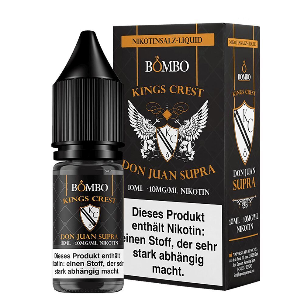 Kings Crest Nikotinsalz - Don Juan Supra Flasche und Verpackung von Kings Crest Nikotinsalz Don Juan Supra mit Adlerdesign und Warnhinweis, 10 ml, 10 mg/ml Nikotin