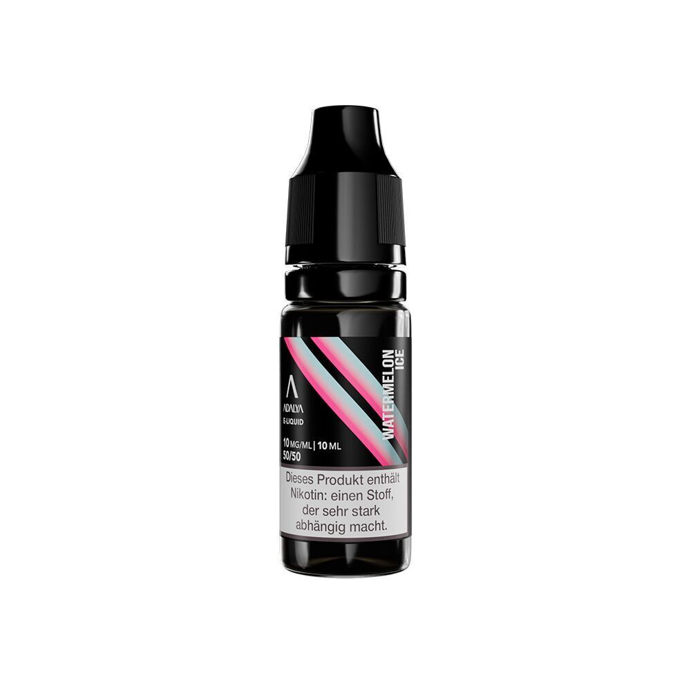 Liquid Watermelon Ice 10mg - Adalya Nikotinsalz Adalya Nikotinsalz Watermelon Ice Flasche mit schwarzem Verschluss, pink-blauem Etikett, 10 mg/ml Nikotin-Warnhinweis sichtbar.