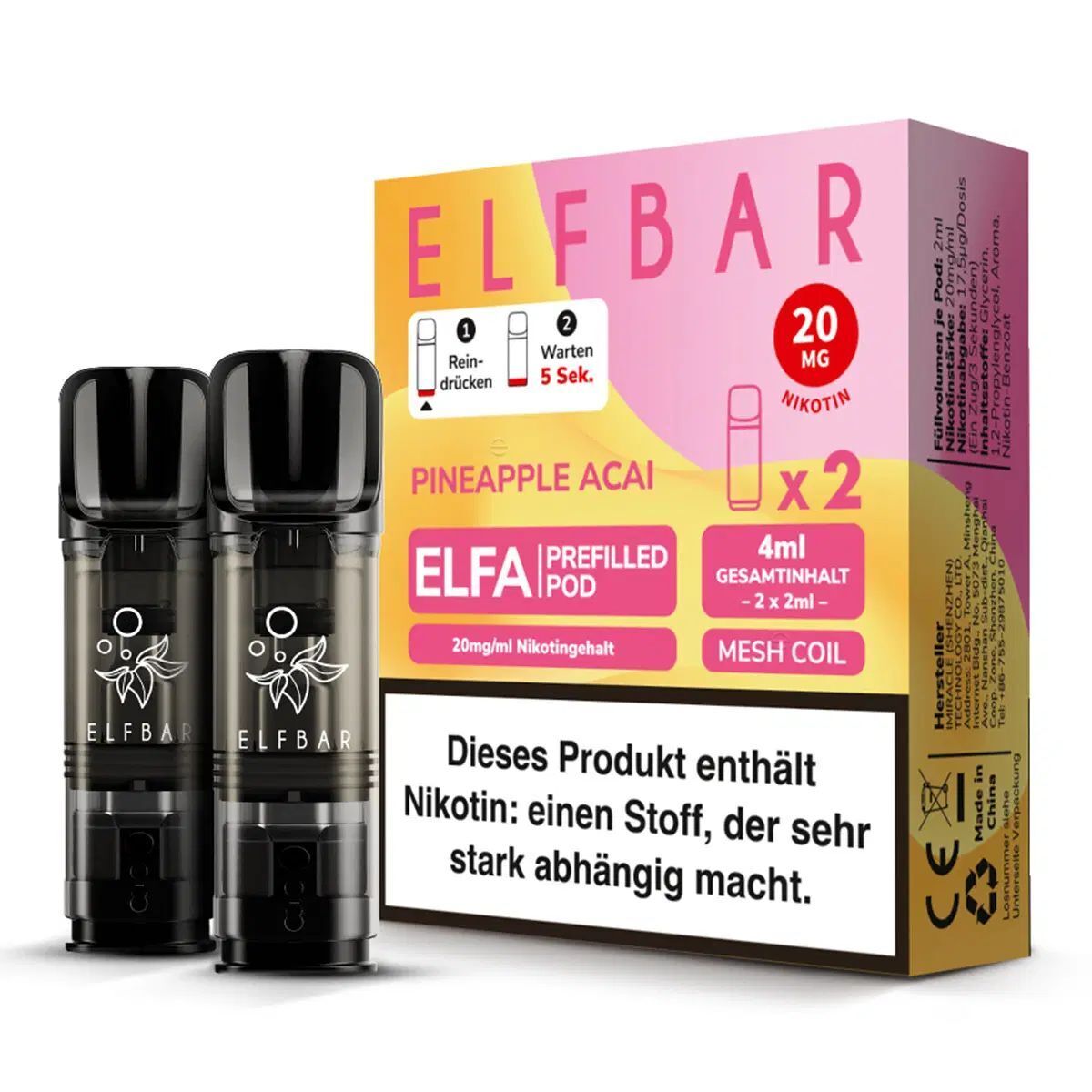Pineapple Acai Elfa Pods von Elfbar 20mg Zwei schwarze Elfbar ELFA Pods neben einer Packung mit der Aufschrift „Pineapple Acai 20mg“, Hinweis auf Nikotinabhängigkeit.