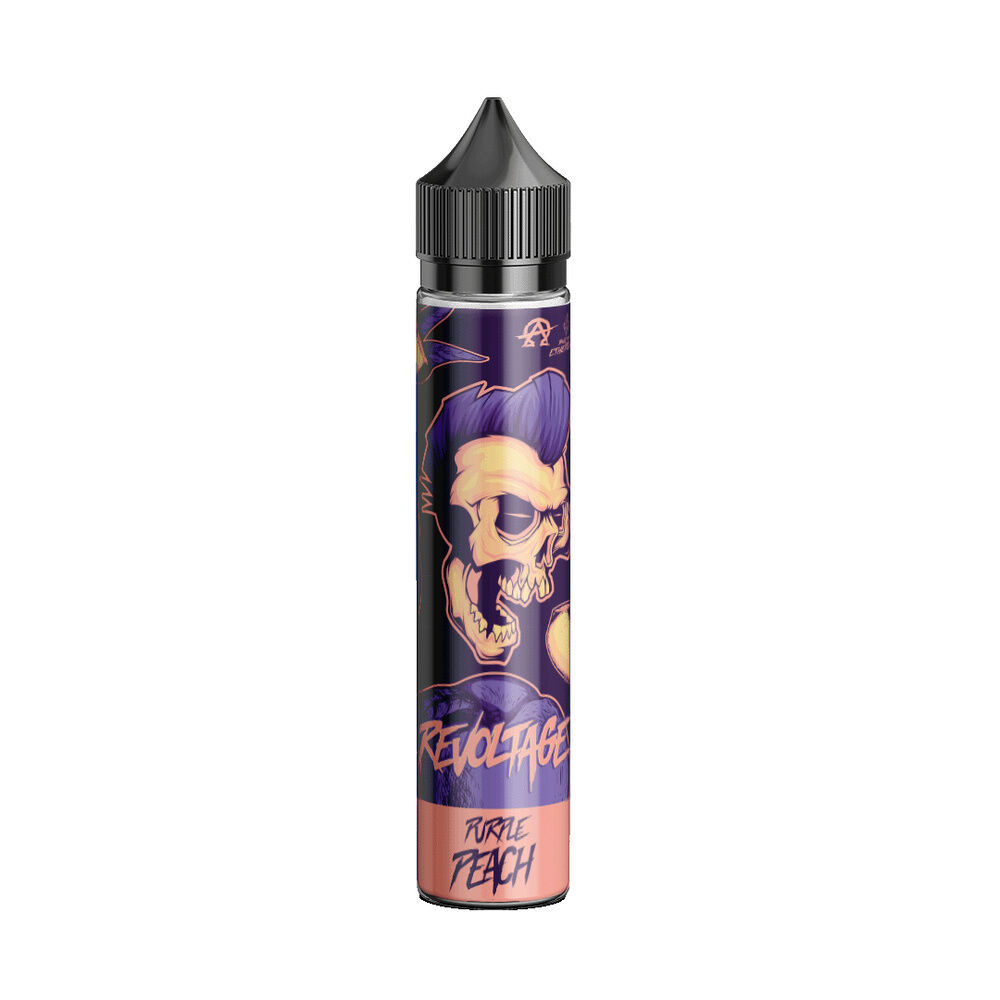 Flasche mit Revoltage Longfill Aroma, Purple Peach; Design mit Totenkopf und violettem Hintergrund, Markenname und Produktname sichtbar.