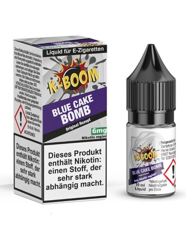 Liquid Blue Cake Bomb - K-Boom 3mg K-Boom Liquid Blue Cake Bomb E-Zigaretten-Liquid 10 ml, 6 mg/ml Nikotin, im Karton mit Warnhinweis auf Abhängigkeit, schwarzer Verschluss