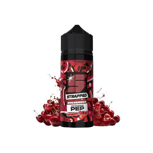 Aroma Professor Pep - Strapped Flasche des Aromas "Strapped Aroma - Professor Pep" umgeben von roten Kirschen, schwarzer Verschluss, grafisches rotes Design.