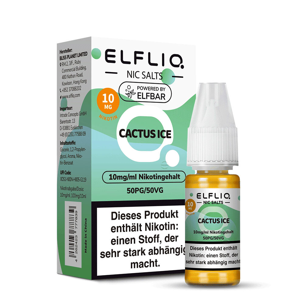 ELQ135_2 Elfliq Nikotinsalz Cactus Ice 10mg Flasche und Verpackung, enthält Nikotin, 10mg/ml Nikotingehalt, 50PG/50VG, Warnhinweis vorne sichtbar