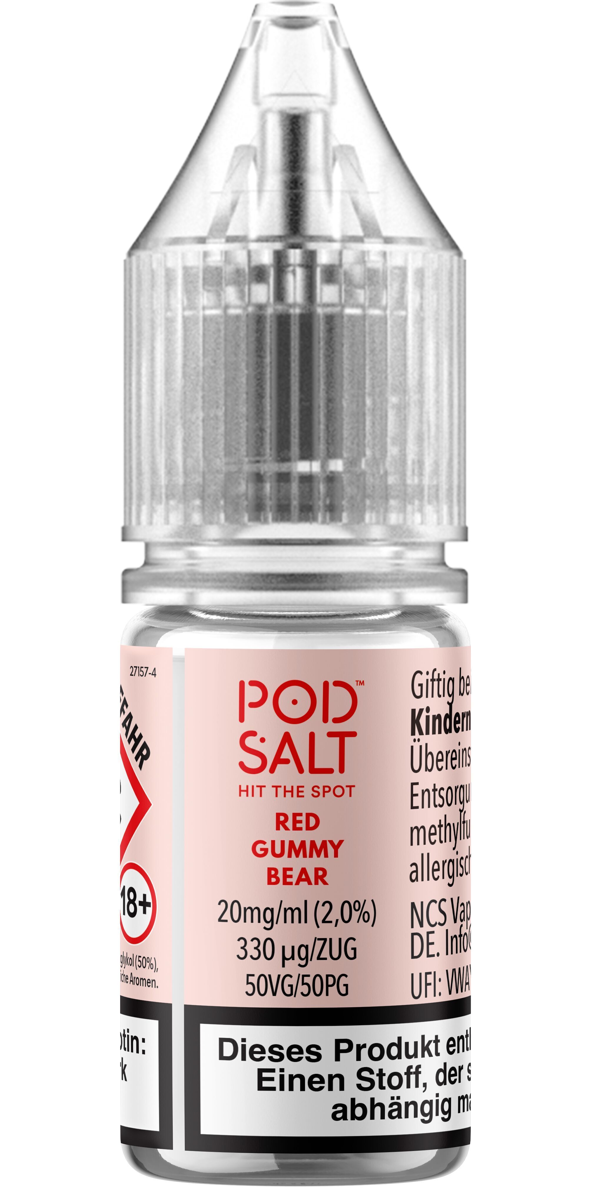 Liquid Red Gummy Bear mit 20mg Nikotin von Pod Salt Xtra Flasche Pod Salt Xtra Nikotinsalz Red Gummy Bear 20mg mit transparentem Deckel, rosa Etikett, Warnhinweisen und Produktinformationen.