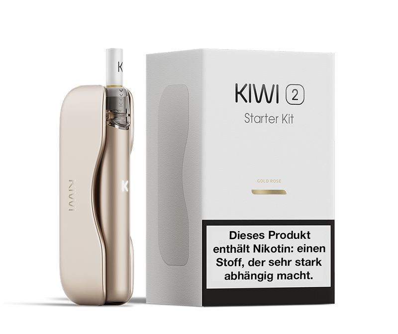 Kiwi 2 Pod Kit in der Farbe Gold Rose Kiwi 2 Pod Kit in Gold Rose neben Verpackung mit Warnhinweis zu Nikotin.
