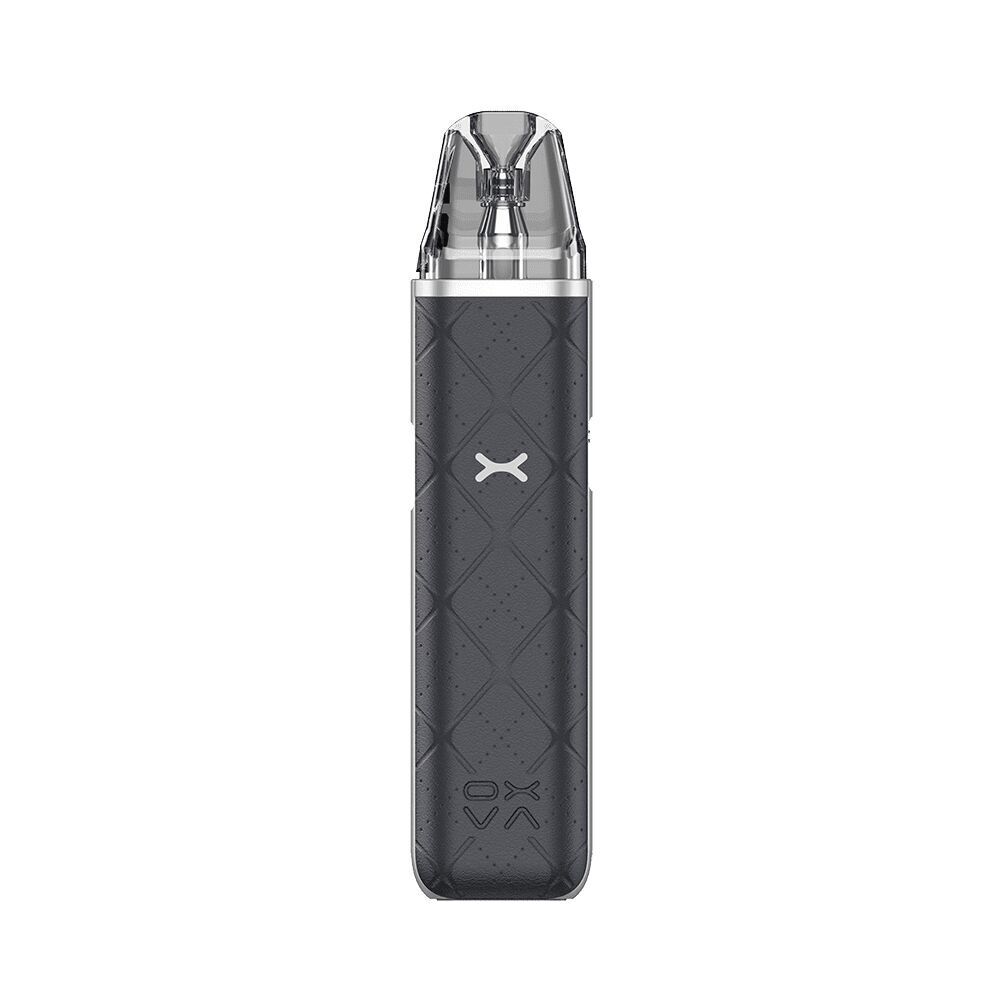 Oxva Xlim Go Pod Kit - Dark Grey Oxva Xlim Go Pod Kit in Dunkelgrau mit einem dezenten, rautenförmigen Muster und einem klaren Mundstück, Markenlogo unten sichtbar.