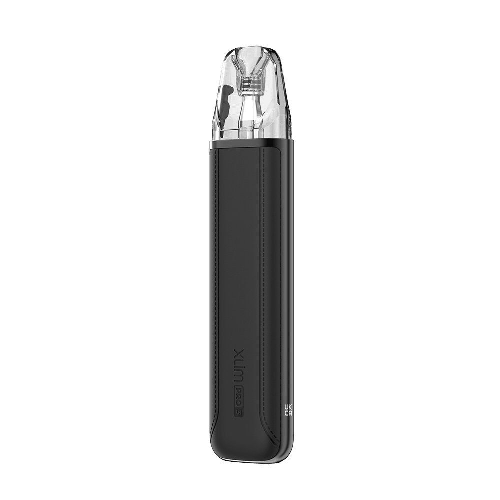 Oxva Xlim Pro 3 Pod Kit in schwarzem Lederdesign mit durchsichtigem Mundstück und beschriftetem Gehäuse.