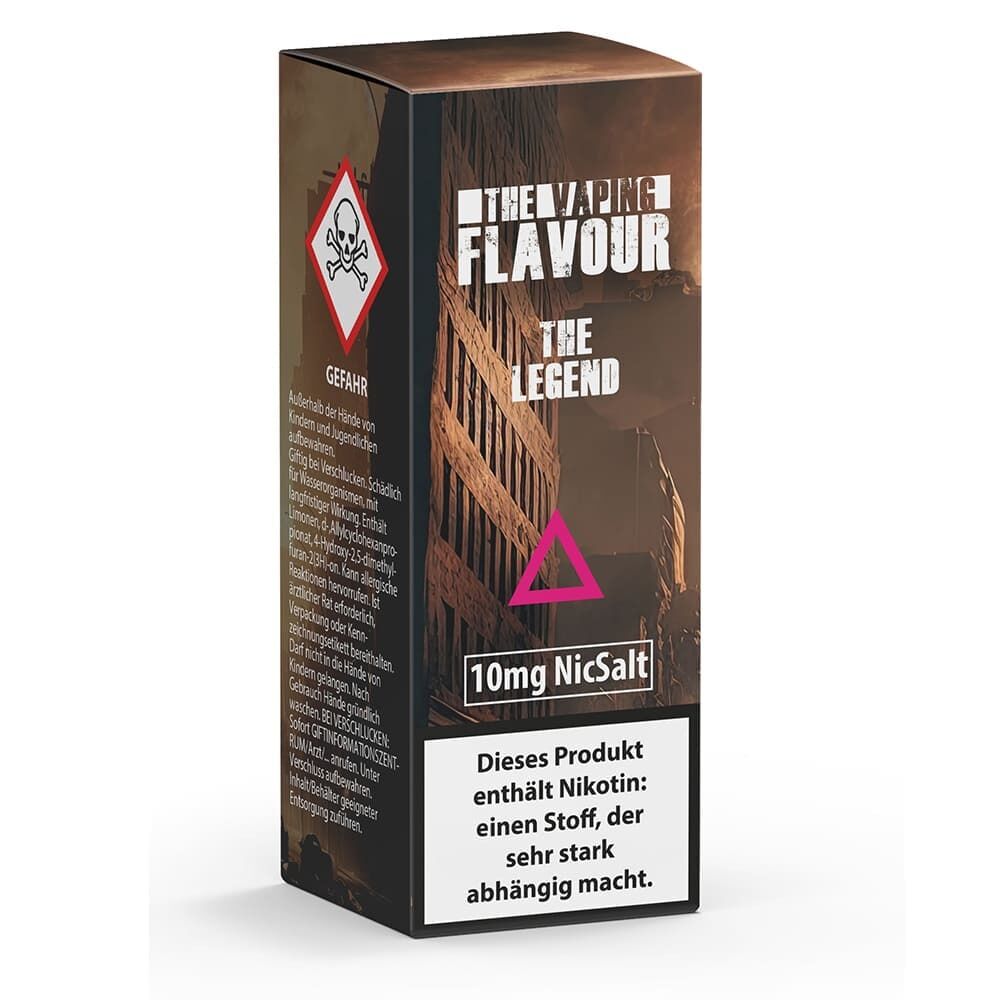 Liquid The Legend 10mg - The Vaping Flavour Verpackung von The Vaping Flavour Nikotinsalz, The Legend 10mg NicSalt, mit Warnhinweisen zum Nikotingehalt und einem Gefahrensymbol.