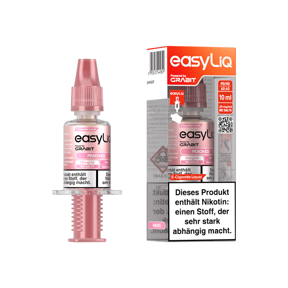 Grabit EasyLiQ Liquid - Peach Ice 20mg Grabit EasyLiQ Liquid Peach Ice 20mg mit Spritze und Verpackung, Hinweis auf Nikotingehalt und E-Cigarette Liquid sichtbar