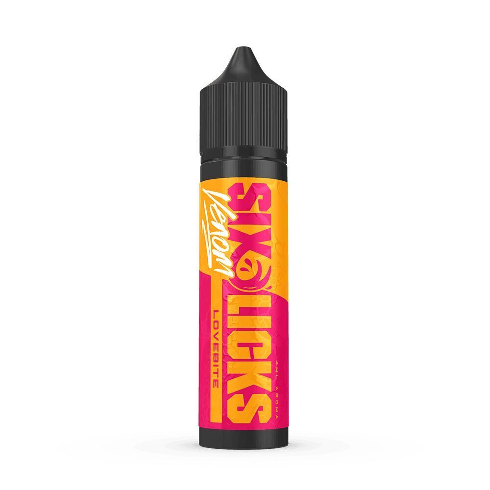 Six Licks Venom Aroma - Love Bite Flasche mit schwarzem Verschluss, auffälligem gelben und pinken Etikett mit der Aufschrift Six Licks Venom Aroma - Love Bite
