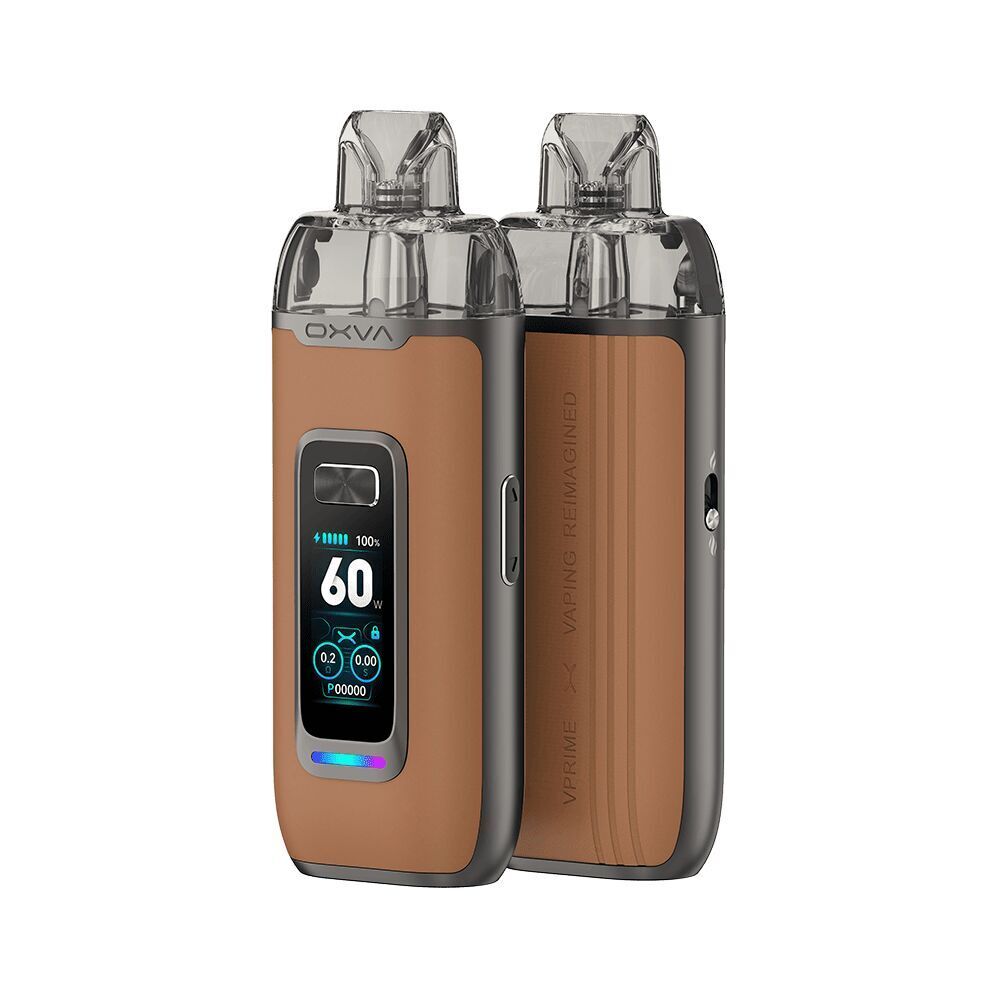 Oxva Vprime Pod Kit in Braun mit Ledertextur, zeigt ein Display mit 60W Anzeige, zwei transparente Mundstücke und seitlichem Schriftzug "VPRIME".