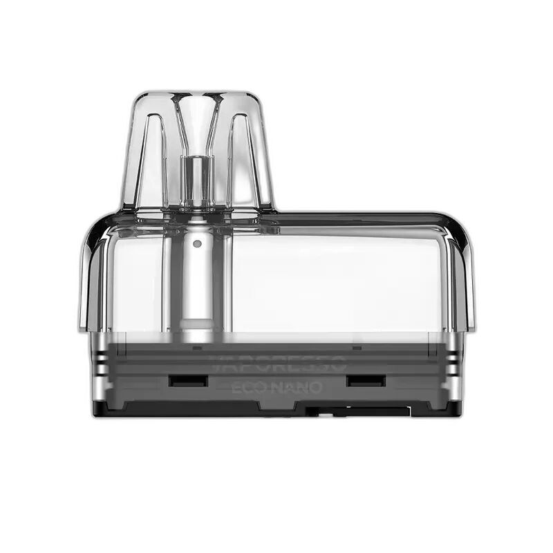 Vaporesso Eco Nano Pods mit Coil 0,8 Ohm Vaporesso Eco Nano Pod mit Coil 0,8 Ohm, transparentes Gehäuse, schwarze Basis, sichtbarem Lufteinlass und Verdampferkanal.