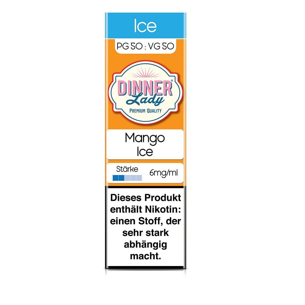 Dinner Lady Liquid Mango Ice 6mg, orange und blaues Design, enthält Nikotin-Hinweistext über starke Abhängigkeit.
