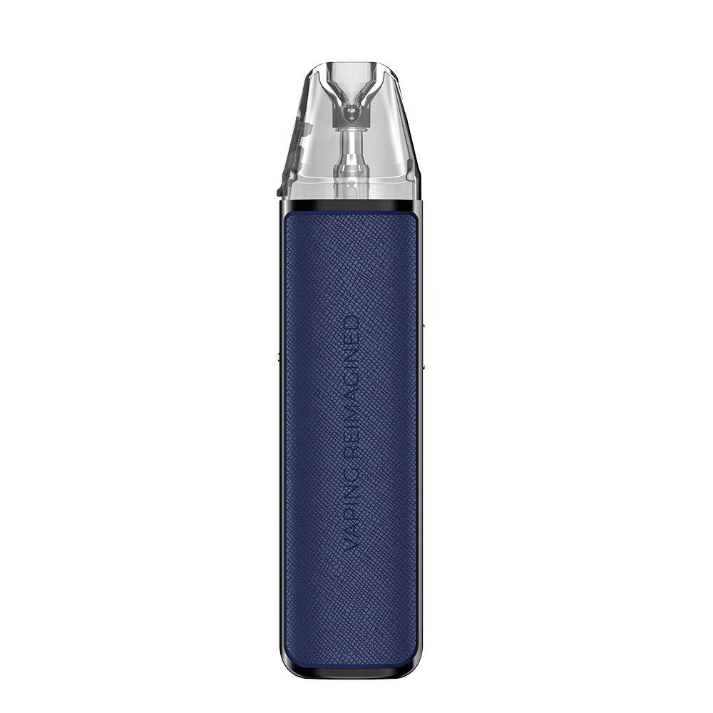 Oxva NeXLIM Pod Kit in Dunkelblau mit transparentem Mundstück, stilvollem Gehäuse und dem Text "VAPING REIMAGINED" auf der Vorderseite