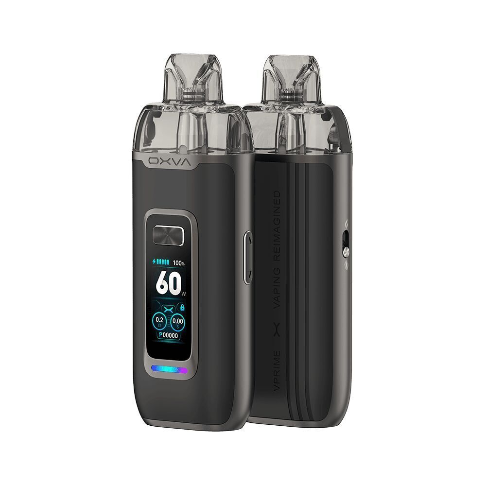 Oxva Vprime Pod Kit in schwarzem Leder mit transparentem Mundstück, zeigt ein Display mit 60W-Leistung, Akkuanzeige und Bedienelementen.