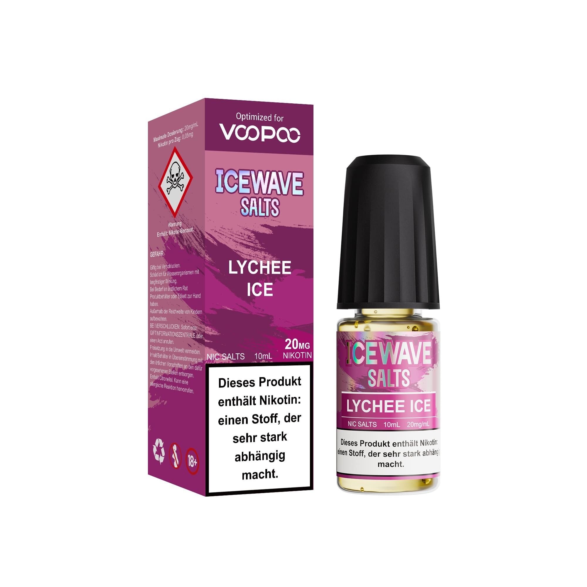 Icewave Salts Lychee Ice Nikotinsalzflasche und Verpackung mit Warnhinweisen und Branding in Rosa und Violett, enthält 20mg Nikotin.