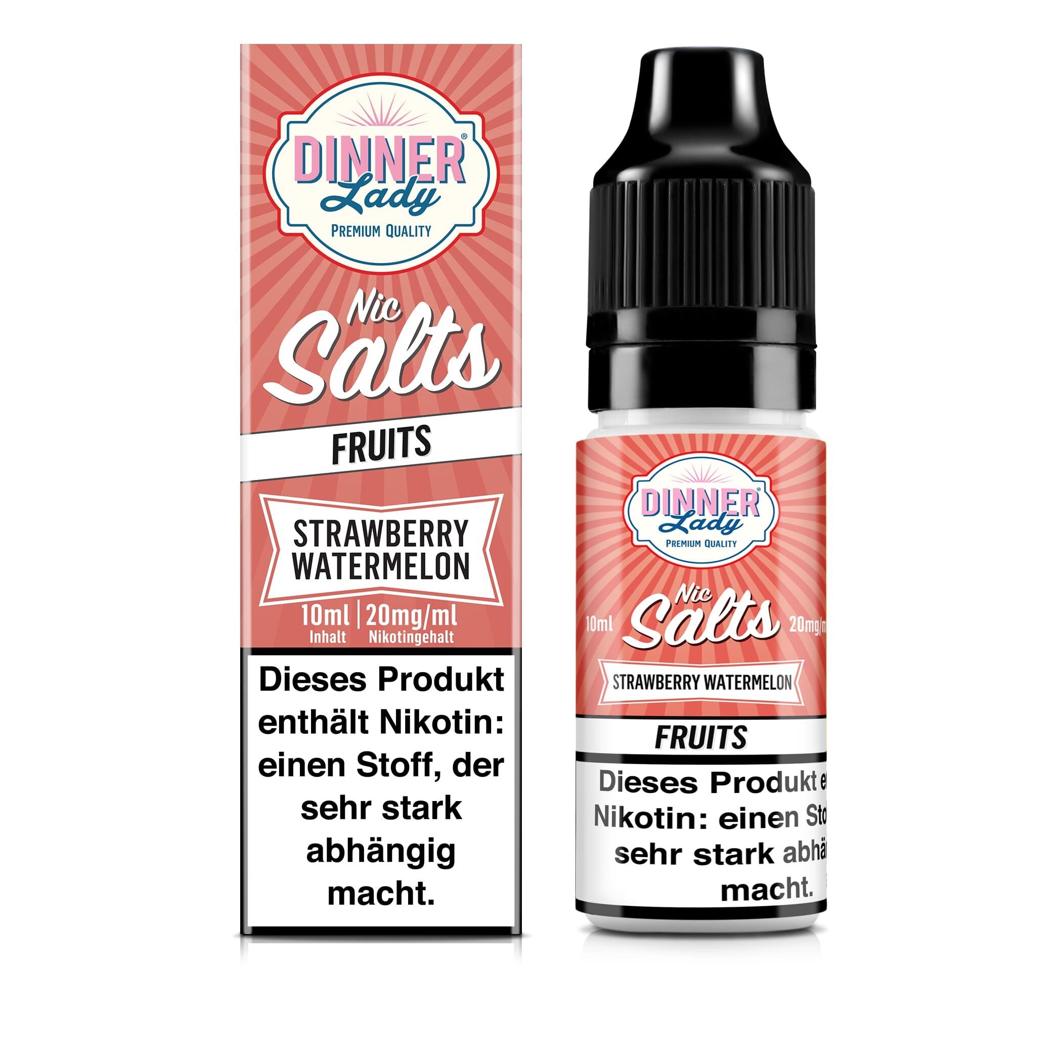 Liquid Strawberry Watermelon von Dinner Lady Dinner Lady Nikotinsalz Strawberry Watermelon, 10ml Flasche neben passender Verpackung, enthält 20mg/ml Nikotin, Warnhinweis sichtbar