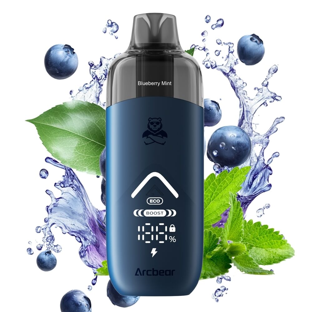 Arcbear Pro 15000 Set - Blueberry Mint 20mg Arcbear Pro 15000 Set in Blau mit Blueberry Mint Flavor, umgeben von blauen Beeren, spritzendem Wasser und frischen Minzblättern.