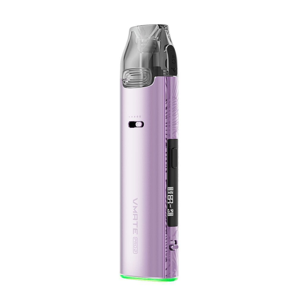 Voopoo Vmate Pro 2 Pod Kit - Lavender Voopoo Vmate Pro 2 Pod Kit in Lavendelfarbe mit transparentem Mundstück, Display und seitlichem Schriftzug.