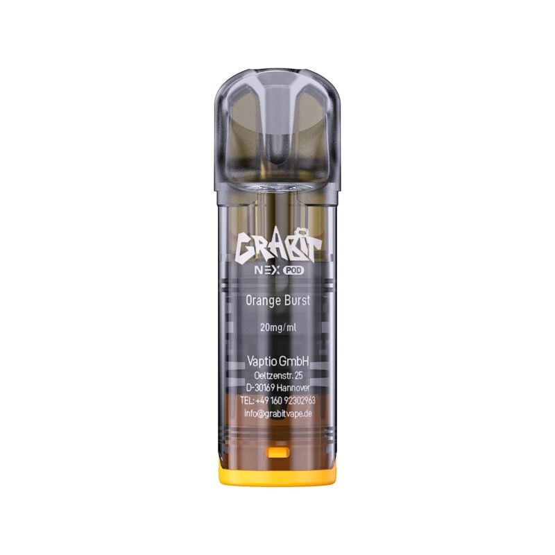 Grabit Nex Pods, Orange Burst 20mg, transparentes Gehäuse mit schwarzem Akzent, Kontaktinformationen der Vaptio GmbH sichtbar