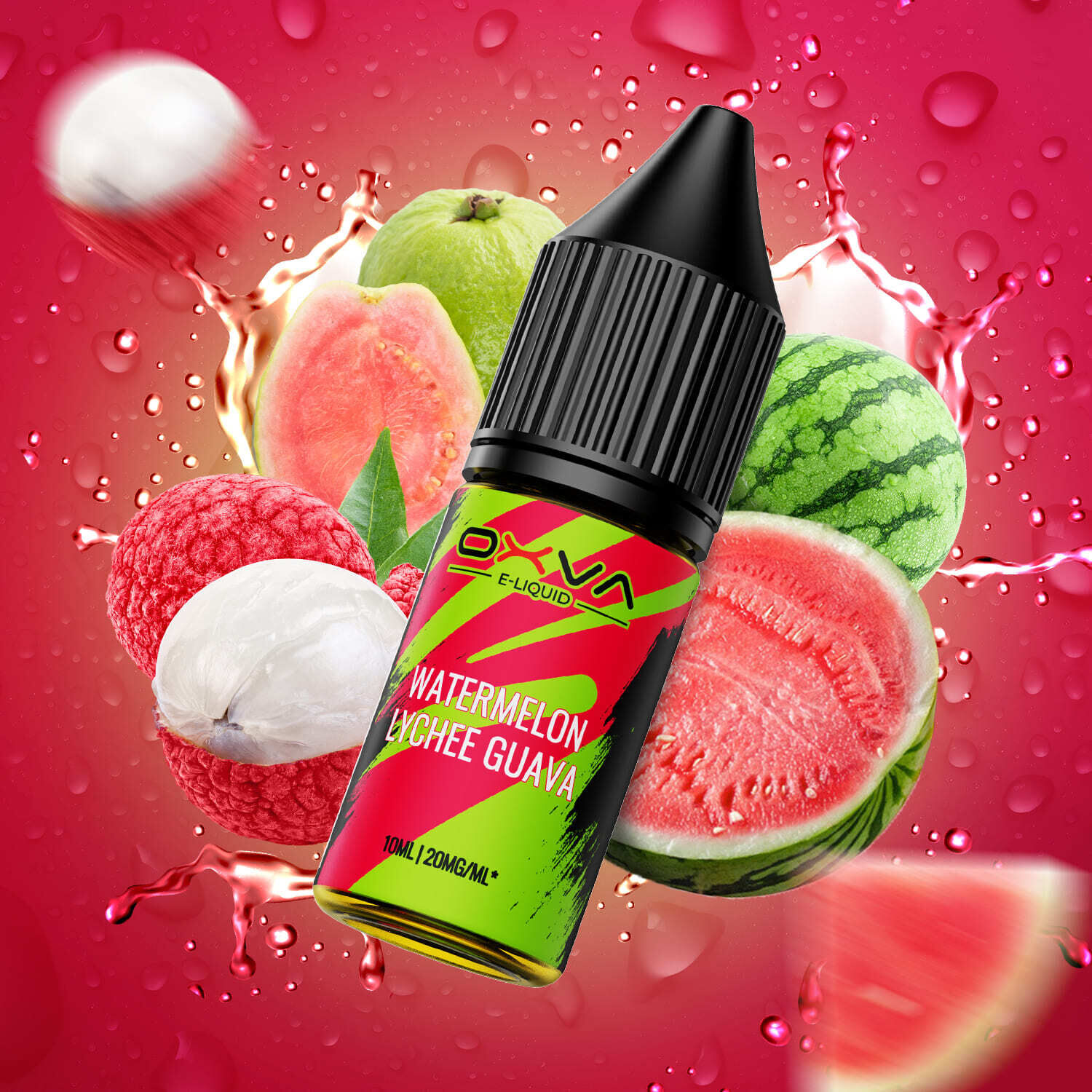 Oxva E-Liquid Flasche mit Etikett "Watermelon Lychee Guava 20mg" umgeben von Wassermelone, Litschi und Guave auf pinkem Hintergrund mit Wassertropfen.