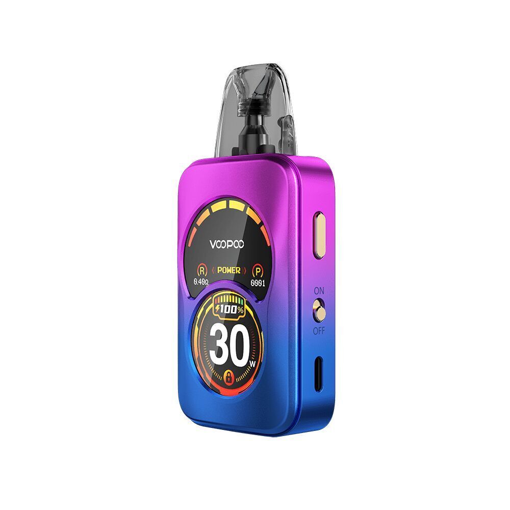 Voopoo Argus A Pod Kit Phantom Purple Voopoo Argus A Pod Kit in schimmerndem Lila-Blau, digitales Display mit Zahlen und Symbolen, seitliche Tasten sichtbar