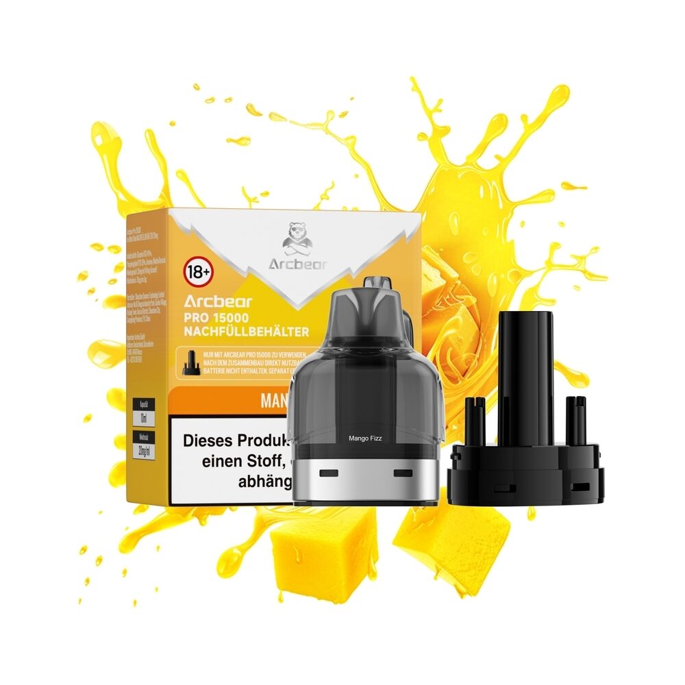 Arcbear Pro 15000 Pods Mango Fizz 20mg mit Nachfüllbehälter, gelber Verpackung, schwarzer Kartusche und Mangospritzern im Hintergrund