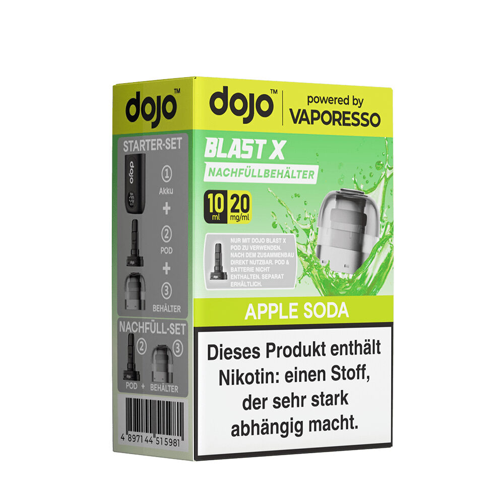 Vaporesso Dojo Blast X Pods - 20mg Nikotinsalz Verpackung von Vaporesso Dojo Blast X Pods Apple Soda mit Nachfüllbehälter, 10ml, 20mg/ml, Hinweis auf hohen Nikotingehalt