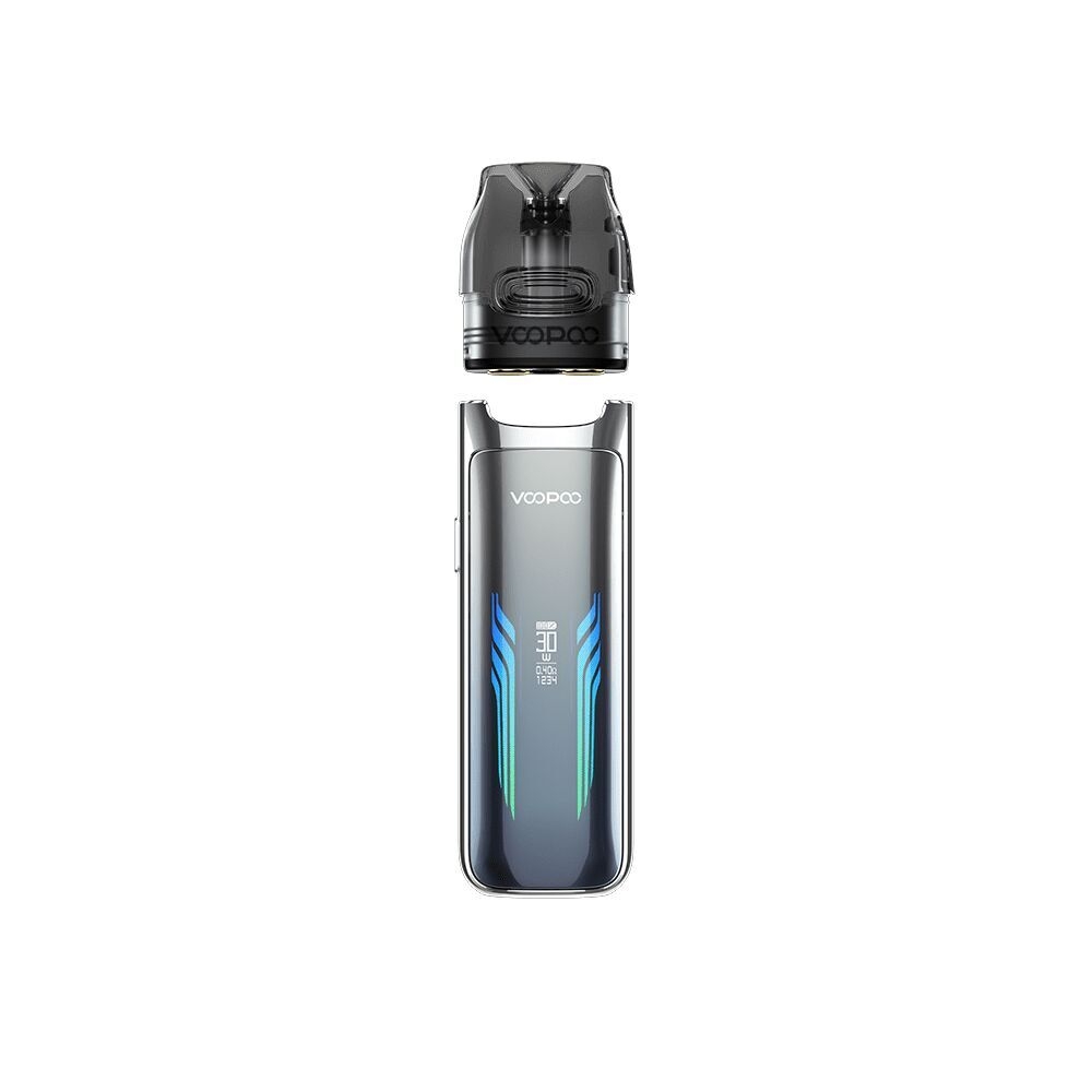 Voopoo VMATE Max Pod Kit in Glacier Silver mit schwarzem Mundstück, blauem LED-Streifen und Voopoo-Logo auf glänzender Oberfläche.
