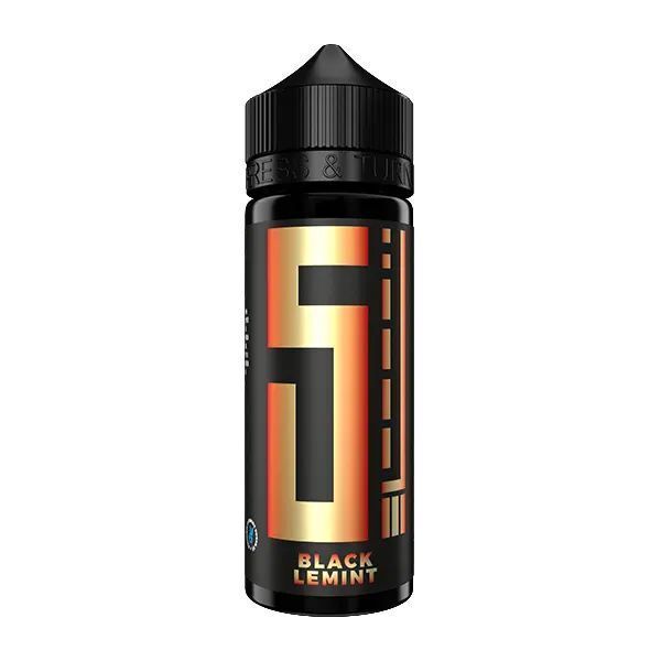 Aroma Black Lemint von 5 Elements Flasche mit schwarzem und goldenem Label, Aufschrift 5 Elements Black Lemint, schwarzer Verschluss.