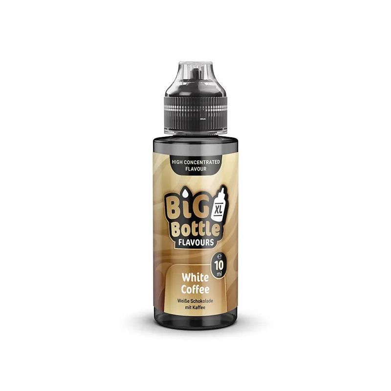 Aroma White Coffee von Big Bottle Flavours Flasche Big Bottle Flavours Aroma White Coffee mit Etikett für weiße Schokolade und Kaffee, enthält 10 ml hochkonzentrierten Geschmack.