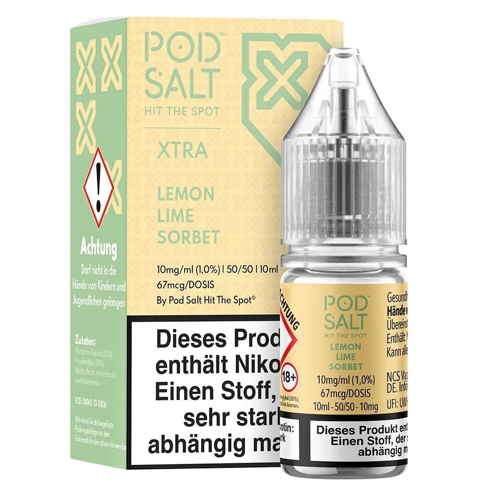 Liquid Lemon Lime Sorbet von Pod Salt Xtra Pod Salt Xtra Nikotinsalz, Lemon Lime Sorbet Geschmack, 10ml Flasche neben passender Verpackung mit Warnhinweisen.