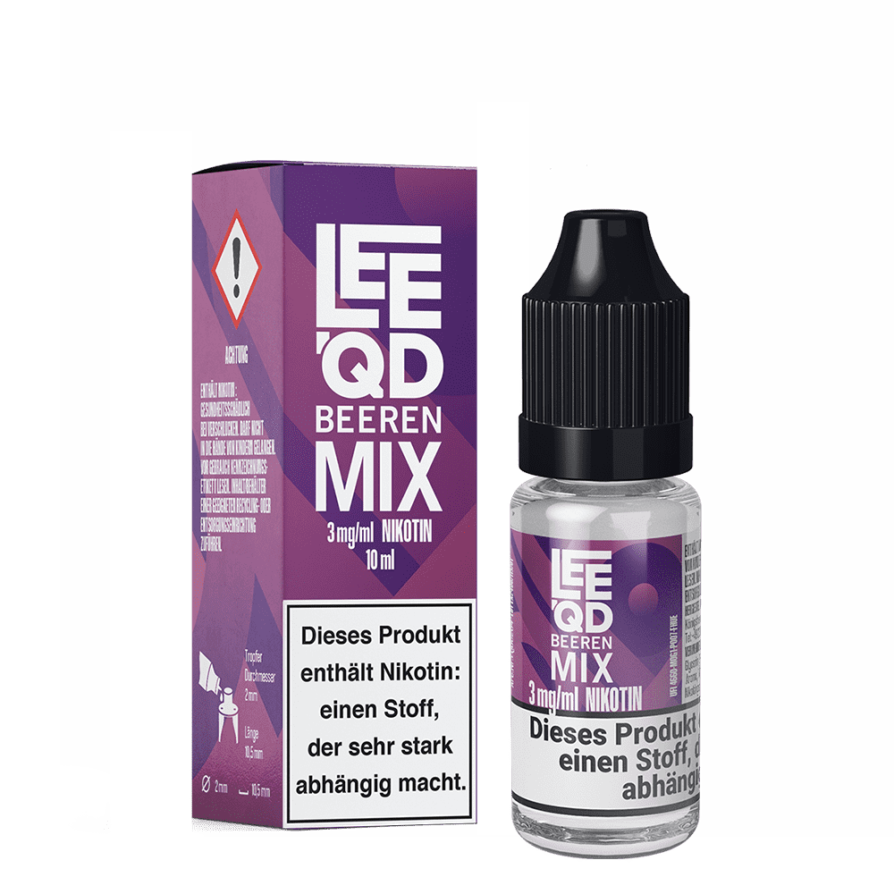 E-Flüssigkeit Leeqd Beeren Mix, 3 mg Nikotin, lila Verpackung und Flasche mit Warnhinweis über Nikotinabhängigkeit