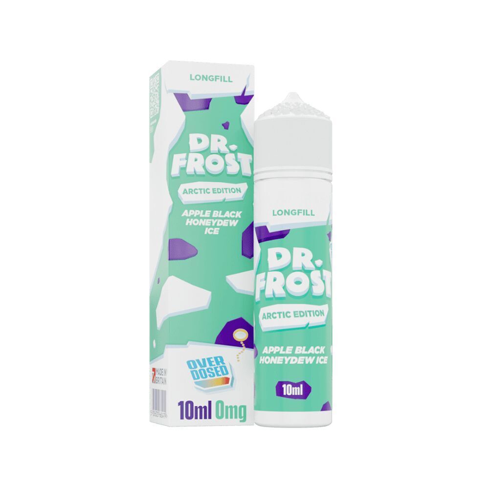 Aroma Apple Black Honeydew Ice - Dr. Frost Dr. Frost Arctic Edition Aroma mit Geschmacksrichtung Apple Black Honeydew Ice, 10ml Longfill, Verpackung und Flasche nebeneinander.