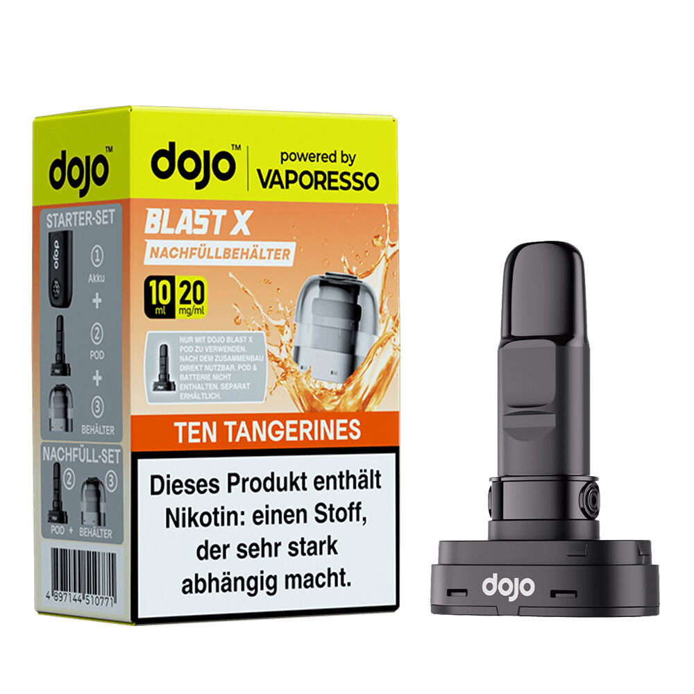 Vaporesso Dojo Blast X Pods - Ten Tangerines 20mg Vaporesso Dojo Blast X Pods, Ten Tangerines 20mg, Verpackung links, Nachfüllbehälter rechts, Nikotinwarnung unten auf der Packung.