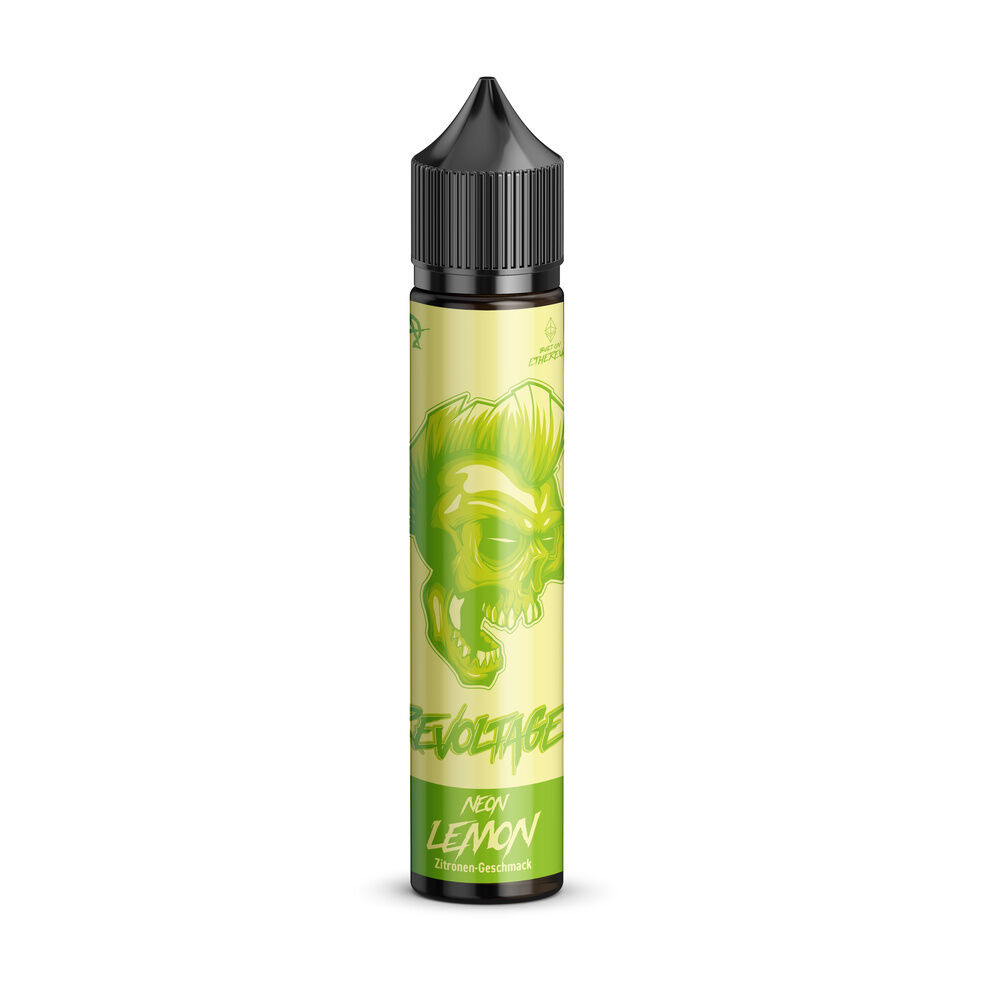 Revoltage Longfill Aroma Neon Lemon Flasche mit grünem Totenkopf auf gelbem Hintergrund, Aufschrift Zitronen-Geschmack