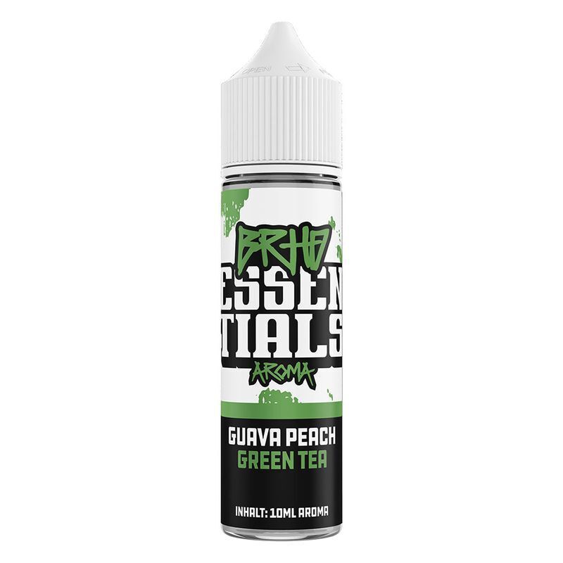 Aroma Guava Peach Green Tea von BRHD BRHD Essentials Aroma-Flasche mit Guava Peach Green Tea Geschmacksrichtung, grün-schwarzes Design und 10ml Inhalt