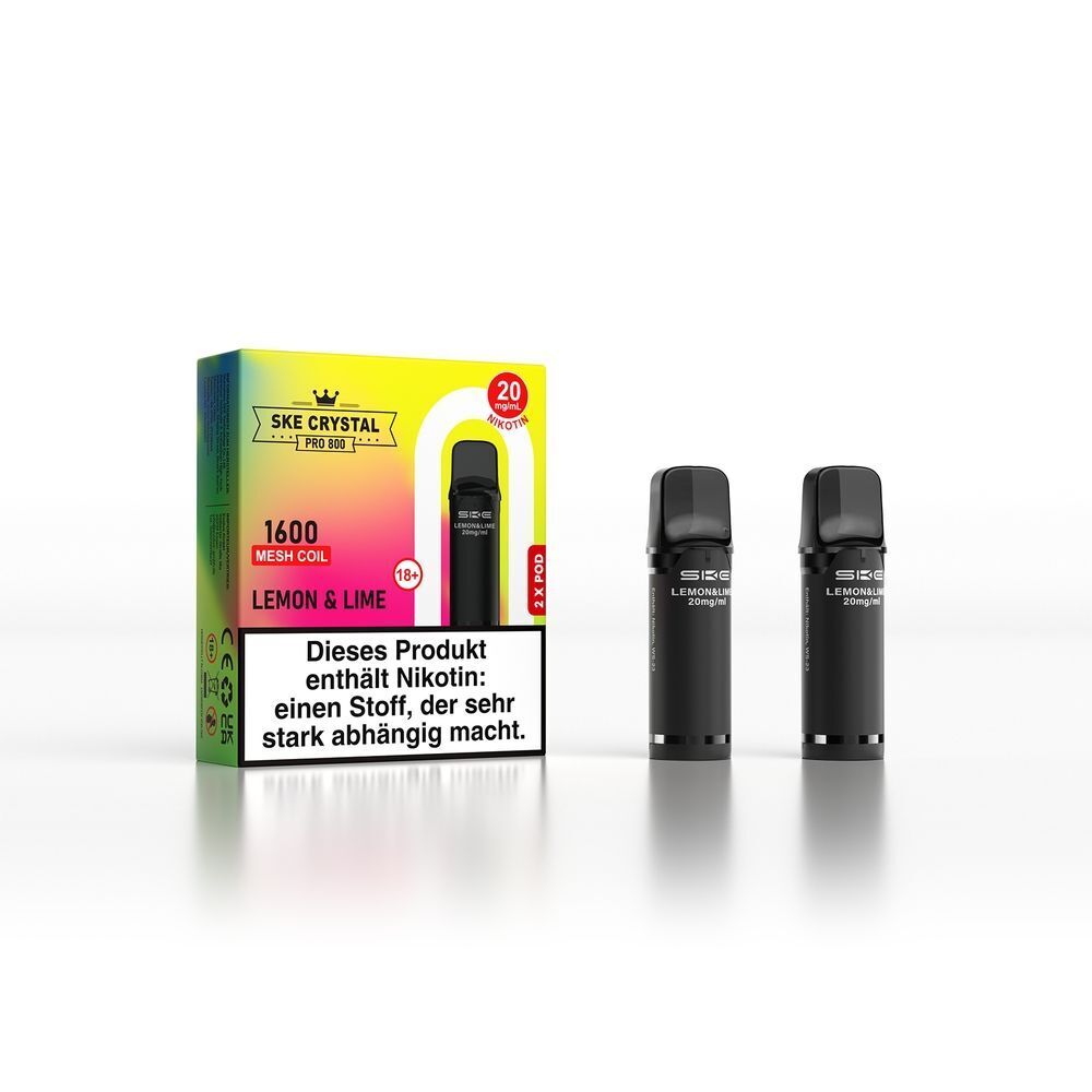 SKE Crystal 800 Pro Pods - Lemon & Lime Verpackung von SKE Crystal Pro Pods Lemon & Lime 20mg mit zwei schwarzen Kartuschen, Warnhinweis auf Nikotinabhängigkeit sichtbar