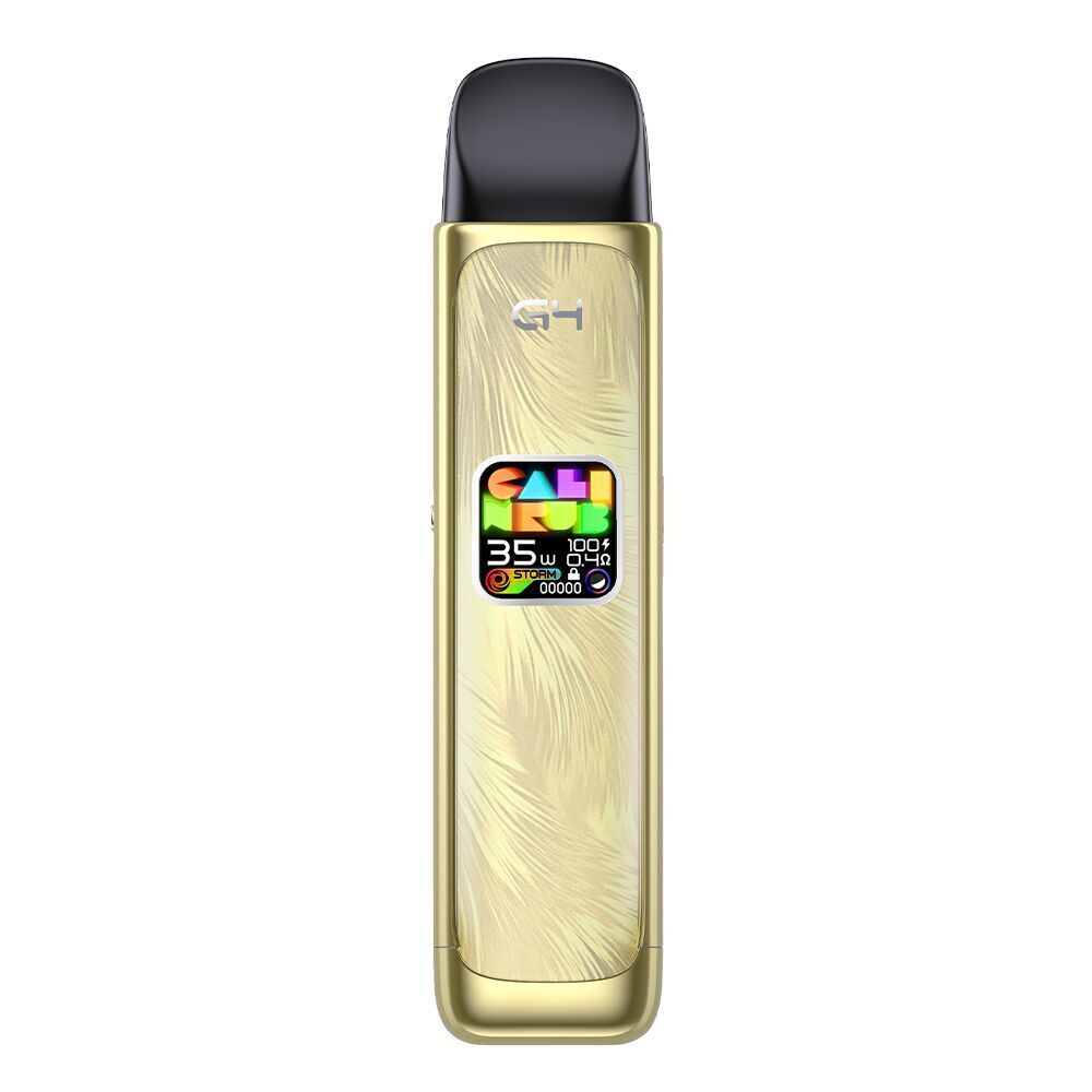 Uwell Caliburn G4 Pod Kit - Sahara Gold Uwell Caliburn G4 Pod Kit in Sahara Gold mit einem kleinen Display, das bunte Grafiken und Leistungsdaten zeigt.