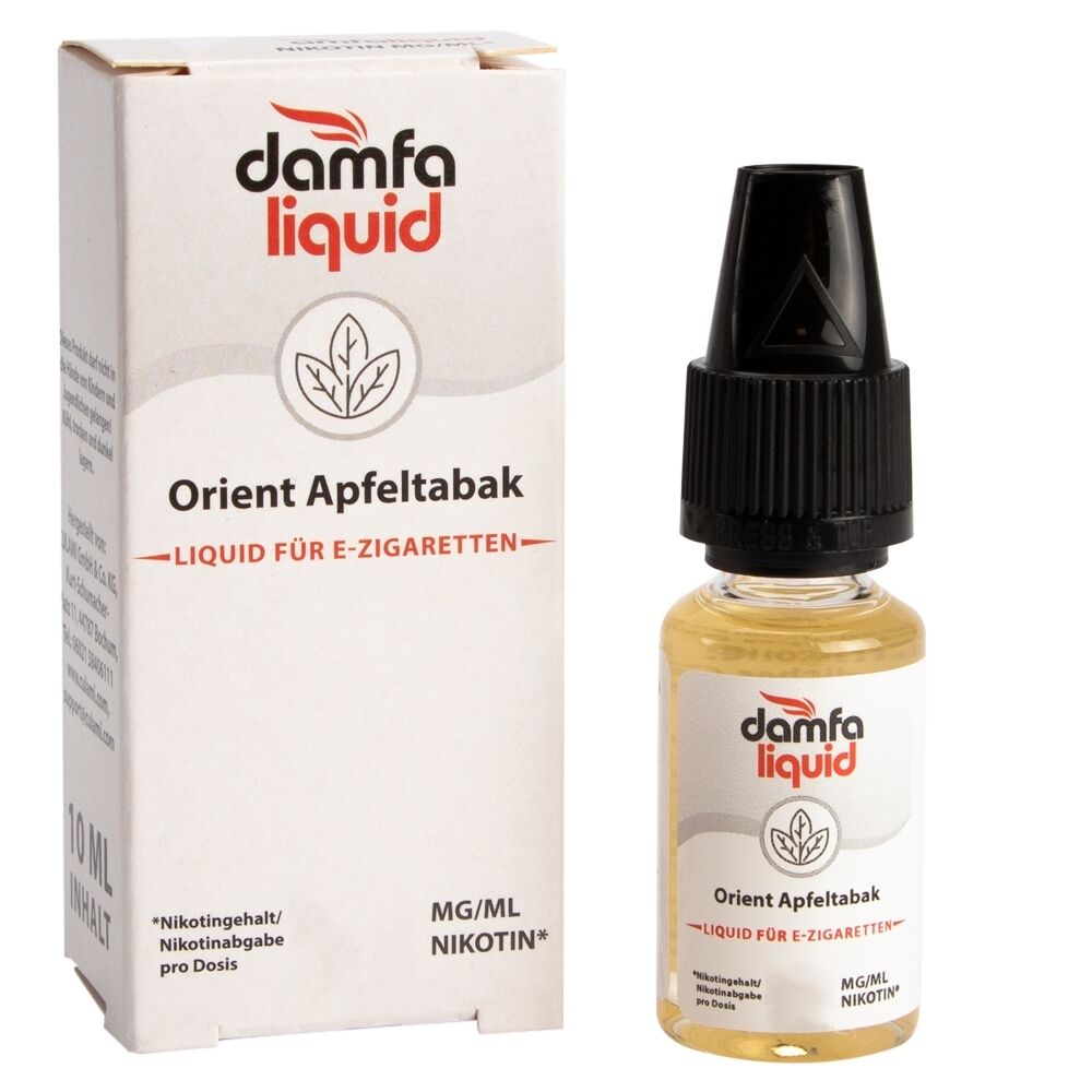 Liquid Orient Apfeltabak 0mg - Damfaliquid Flasche und Verpackung von Damfaliquid E-Liquid Orient Apfeltabak für E-Zigaretten, 10 ml Inhalt, abgebildet mit Nikotinhinweis.